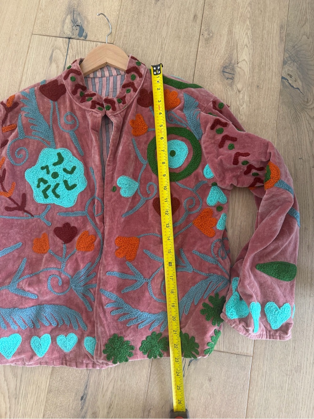 Fabulous Unique Embroidered Pink Velvet Floral Jacket with Teal Accents - Picture 5 of 7